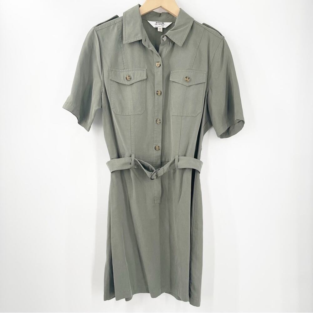 MISS SELFRIDGE DENIM Dress Size 10 Khaki Army Green Button Down Belt Mini Shirt